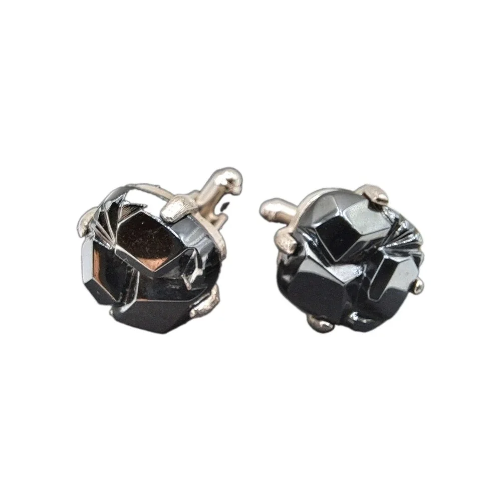 Vintage Signed Sarah Coventry Cufflinks Charcoal Hematite Nugget Silver Tone